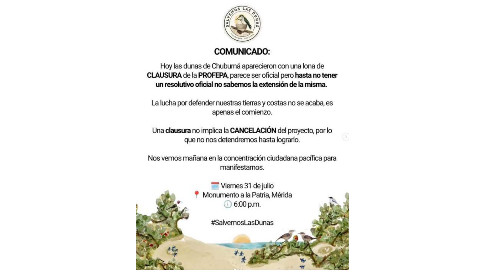 Pese a mantas de clausura de las Dunas de Chuburná, la manifestación de mañana viernes, sigue en pie